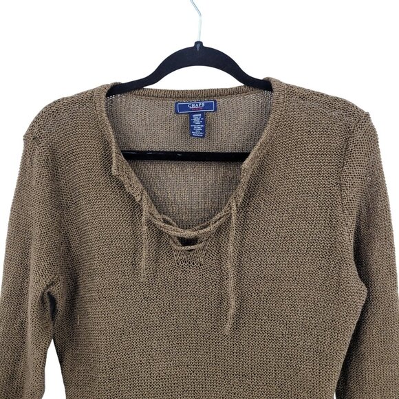 Vtg Chaps Denim Womens Army Green Open Knit Sweater Sz M Tie Neck Casual Grunge - Picture 4 of 8